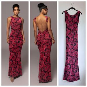 NWOT JLuxeLabel Pink & Black Floral Front & Center Backless Maxi Dress Size M